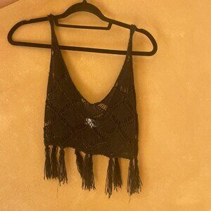 Crochet Fringe Bralette Top. Black.